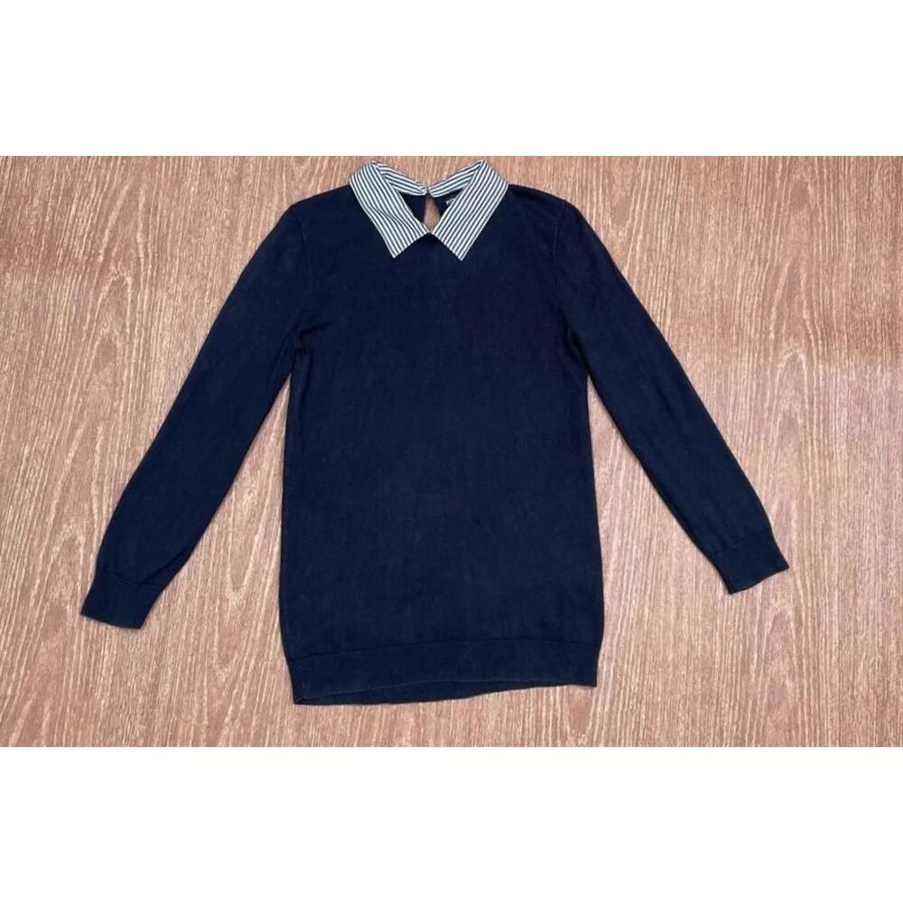 J Crew Chic Navy Sweater with Striped Collar